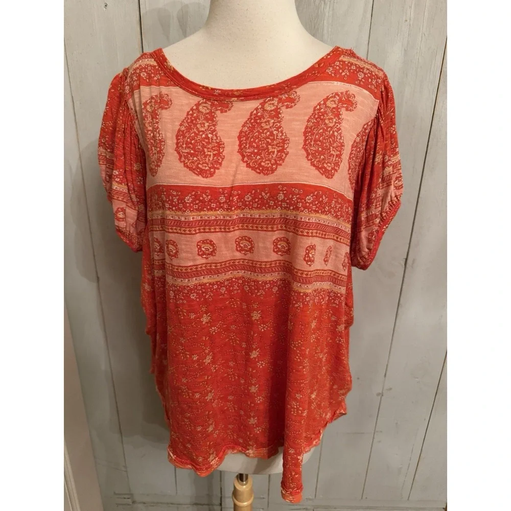 Free People Fruit Punch Combo Top S Paisley Boho Puff‎ Sleeves Oversized Red